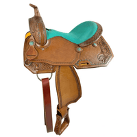 15 16 Semi Qh Economy Barrel Saddle Set Features Combo Basketweave/Floral Tooling And Teal