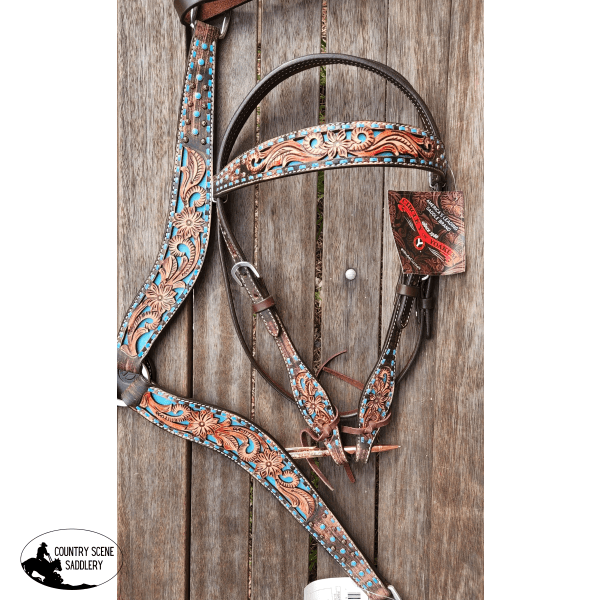 Bronco Blue Texas Flower Browband Headstall And Breastcollar Set