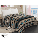 Queen Size Silk Touch Blanket With Southwest Design. Tan/Turquoise