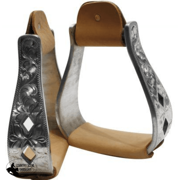 New! Showman Aluminum Polished Engraved Stirrups With Cut Out Diamond Design..