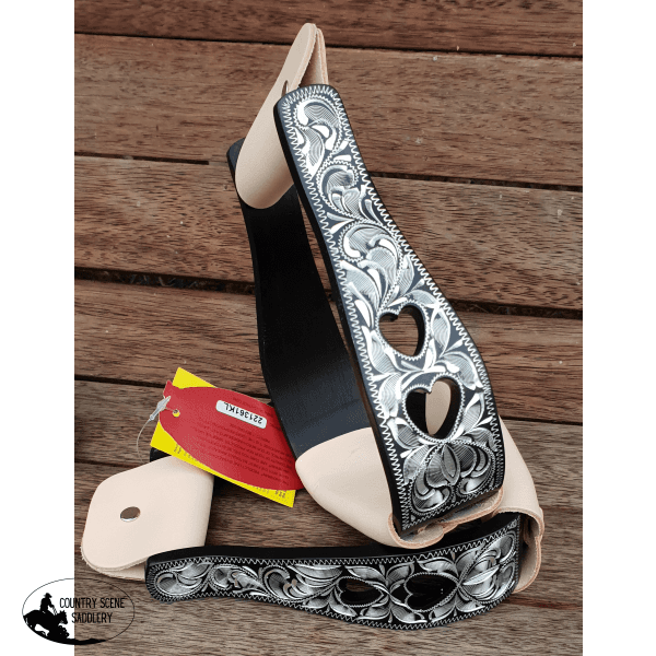 Showman Black Aluminum Stirrups With Silver Engraving And Cut Out Hearts Designs.