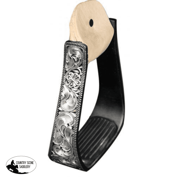 New! Showman Black Aluminum Stirrups With Silver Engraving. Removable Rubber Grip Tread.