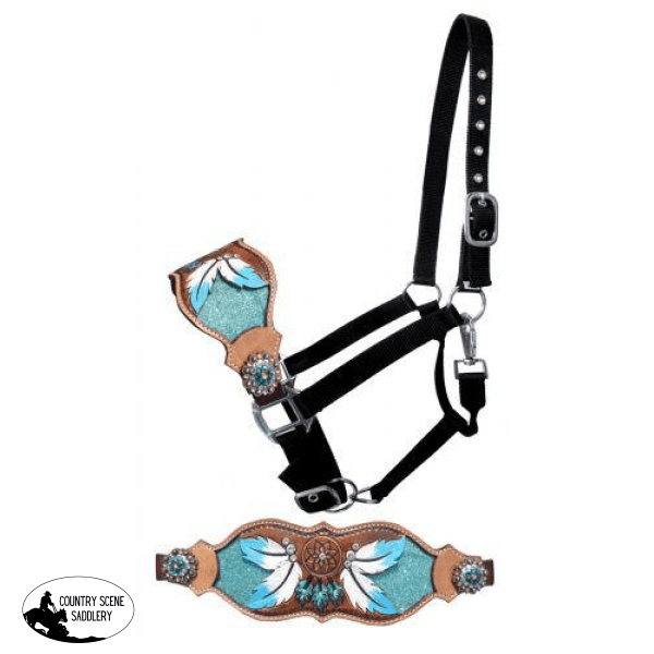 New! Showman Full Size Leather Bronc Halter With Teal Dreamcatcher Design.
