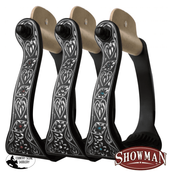 Showman ® Black Engraved Aluminum Stirrups With Rhinestones Western Irons
