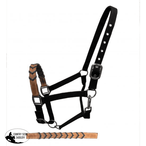 Showman ® Black Nylon Halter With Argentina Cow Leather Braided Accent Nose. Horse Wear