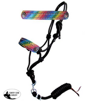 New! Showman ® Black Nylon Rope Halter With Rainbow Glitter Overlay Leather Noseband And Rhinestone