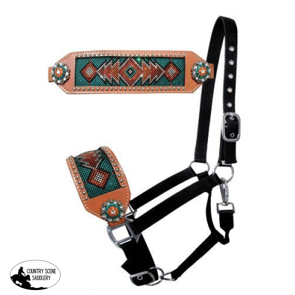 New! Showman ® Bronc Style Halter With Teal Red And Orange.