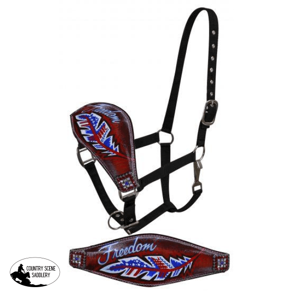 New! Showman ® Full Size Leather Bronc Halter With Painted Freedom Design.