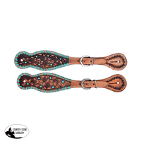 Showman ® Ladies Leather Spur Straps With Tooled Flowers Teal Accents. Horse Halters