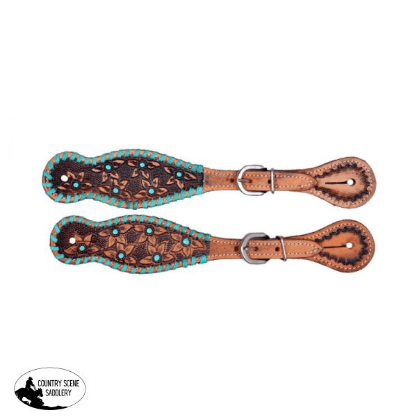 Showman ® Ladies Leather Spur Straps With Tooled Flowers Teal Accents. Horse Halters