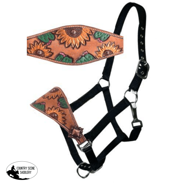 New! Showman ® Leather Bronc Halter With Hand Painted Sunflower And Cactus.