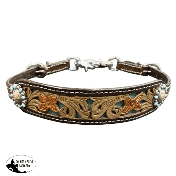 Showman ® Leather Floral Tooled Wither Strap With Teal Inlay Accent Wither Straps