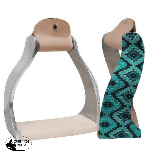 New! Showman ® Lightweight Twisted Angled Aluminum Stirrups With Shimmering Teal Navajo Print.
