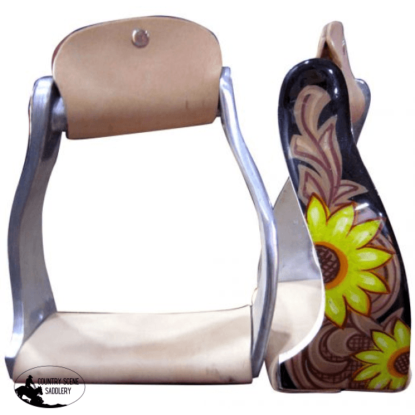 Showman ® Lightweight Twisted Angled Aluminum Stirrups With Sunflower And Leather Look Overlay