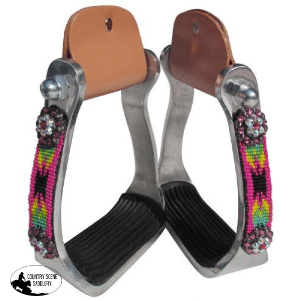 New! Showman ® Polished Aluminum Stirrup With Hot Pink And Black Navajo Beaded Overlay.