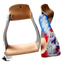 Showman ® Pony/youth Polished Aluminum Stirrup With Red White And Blue Unicorn Overlay.