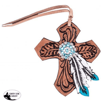 New! Showman ® Tie On Leather Cross With Turquoise Feather.