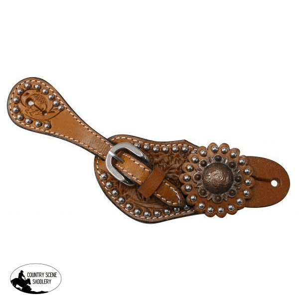 New! Showman ® Youth Silver Studded Spur Straps With Vintage Rosette Concho. Youth Spur Straps