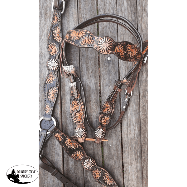 Vintage Sunflower Headstall And Breast Collar Set